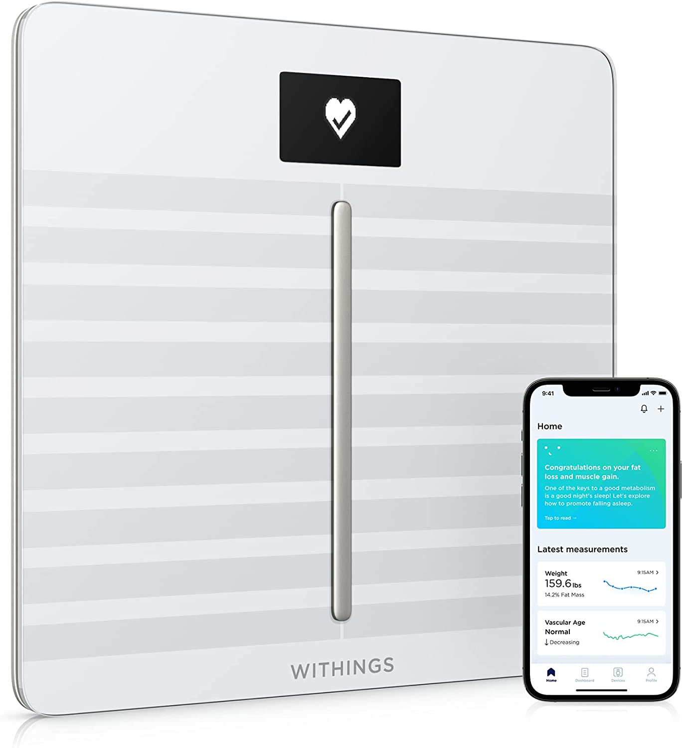 Withings Body Cardio – Premium Wi-Fi Body Composition Smart Scale, Tracks Heart Health, Vascular Age, BMI, Fat, Muscle & Bone Mass, Water %, Digital Bathroom Scale with App Sync via Bluetooth or Wi-Fi