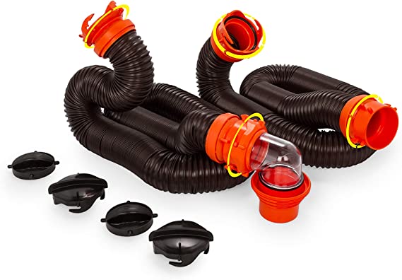 Camco 20′ (39742) Rhino FLEX 20-Foot RV Sewer Hose Kit, Swivel Transparent Elbow with 4-in-1 Dump Station Fitting-Storage Caps Included , Black , Brown