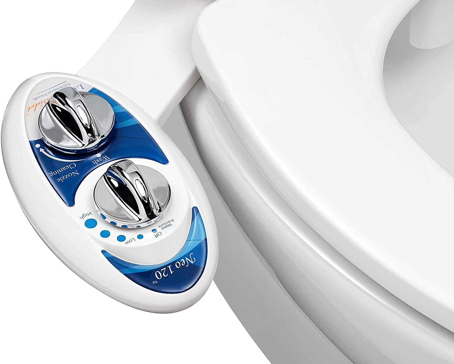 LUXE Bidet Neo 120 – Self Cleaning Nozzle – Fresh Water Non-Electric Mechanical Bidet Toilet Attachment (blue and white)