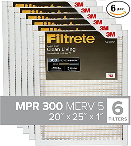 Filtrate 20x25x1, AC Furnace Air Filter, MPR 300, Clean Living Basic Dust, 6-Pack (exact dimensions 19.69 x 24.69 x 0.81)