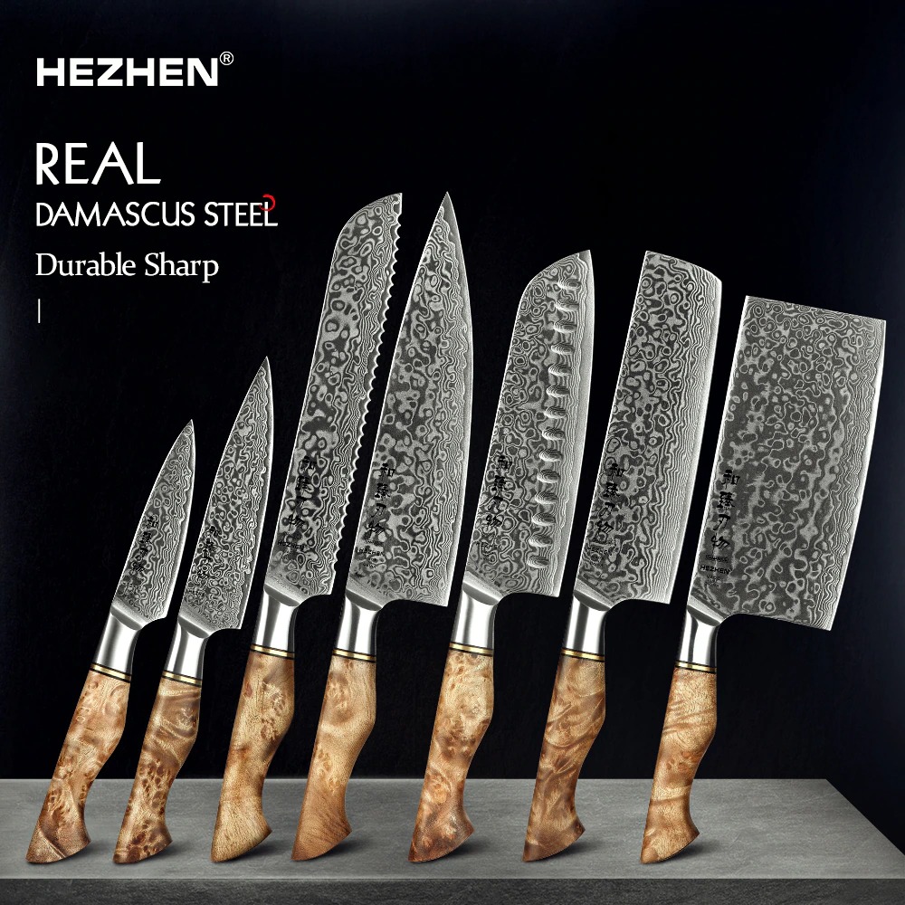 HEZHEN 1-7PC Kitchen Knife Set Professional Damascus Steel Chef Bread Paring Santoku Sharp Nakiri Cook Kitchen Knife