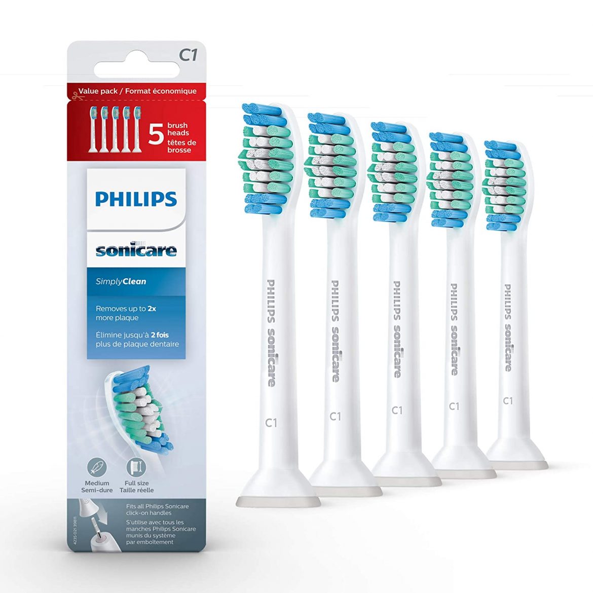 Philips Sonicare Genuine SimplyClean Replacement Toothbrush Heads, 5 Brush Heads